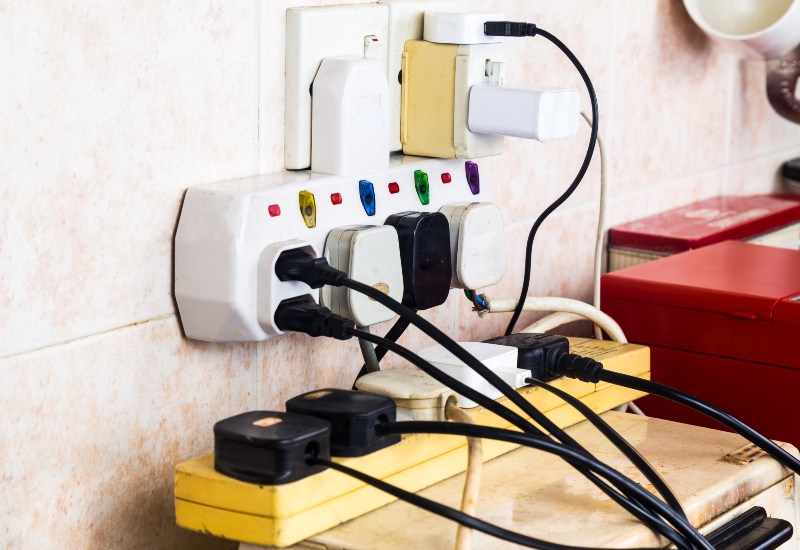 Close-Up of an Overloaded Electrical Circuit with Tangled Wires Showing Dangers in San Jose, CA